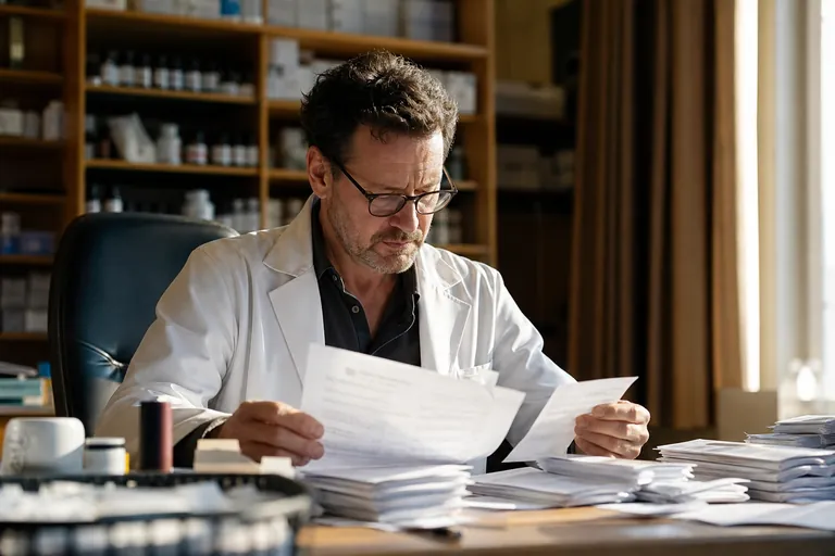 Apothekeninhaber prüft Abrechnungsübersicht und Belege zu Retaxationen